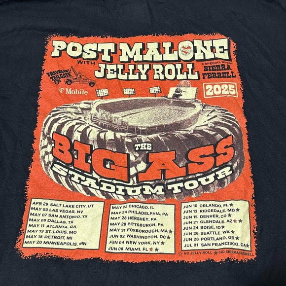 Gildan Men's Post Malone With Jelly Roll 2025 Big Ass Stadium Tour Shirt - Picture 8 of 8